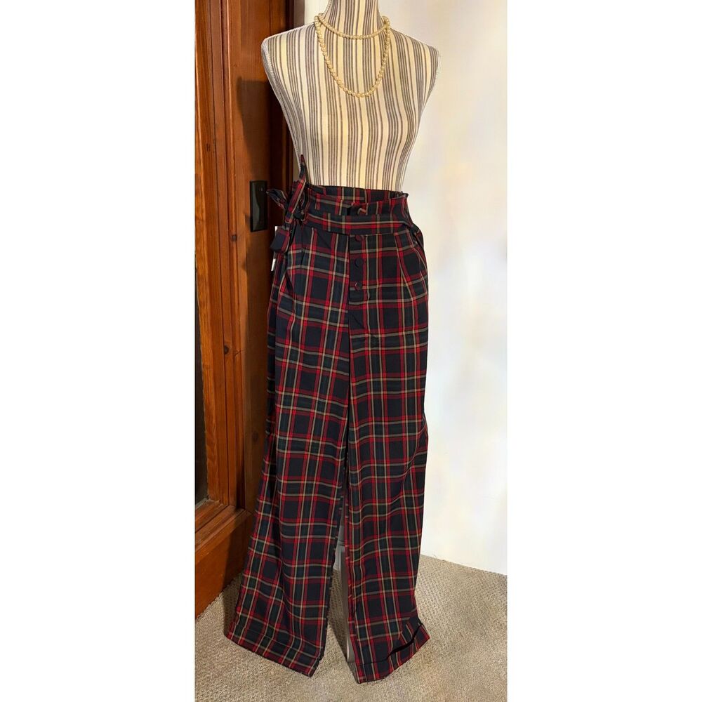 NWT Unique Vintage Mod Cloth High-Rise Paper Bag Pleated Plaid Wide Leg Pants